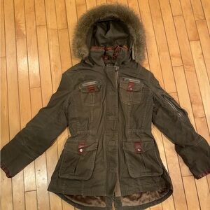Goode Rider equestrian Women's Olive Green Parka with Faux Fur Trim